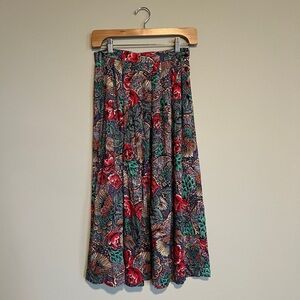 Vintage Floral Patterned Midi Skirt with Single Side Pocket